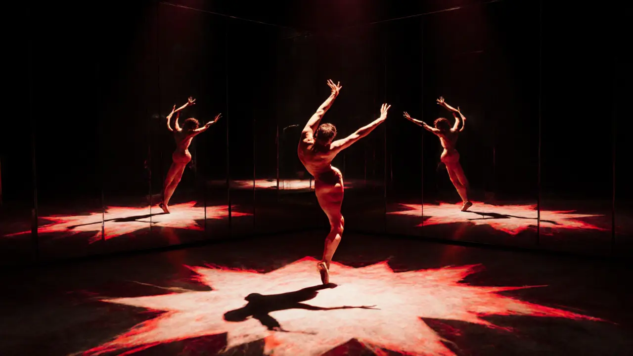 A single dancer illuminated by dramatic shadows and crimson light at Le Crazy Horse.
