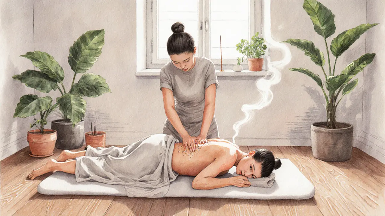 A Thai massage session on a mat with therapist applying gentle stretches in a peaceful studio.