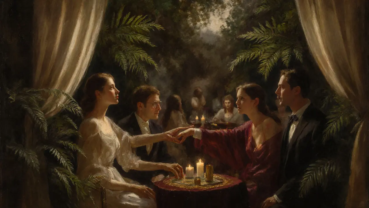 Couples and individuals in a quiet alcove with silk curtains and candlelight, sharing intimate moments.