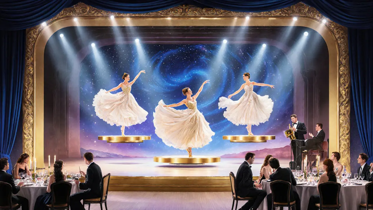 Elegant dancers in luxurious gowns floating on a golden stage at Lido de Paris with starry projections.