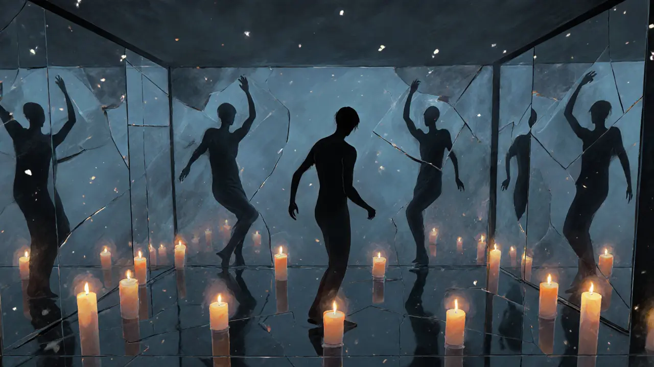 Infinite reflections of dancers in a mirror room, glowing candles, and shadowy silhouettes.