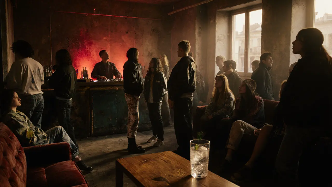 Inside Le Duplex Paris: raw concrete walls, dim lighting, diverse crowd lost in music on cozy couches.