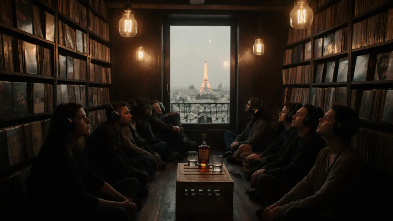 Upstairs lounge with vinyl shelves and people sitting quietly, immersed in ambient music under soft amber lights.