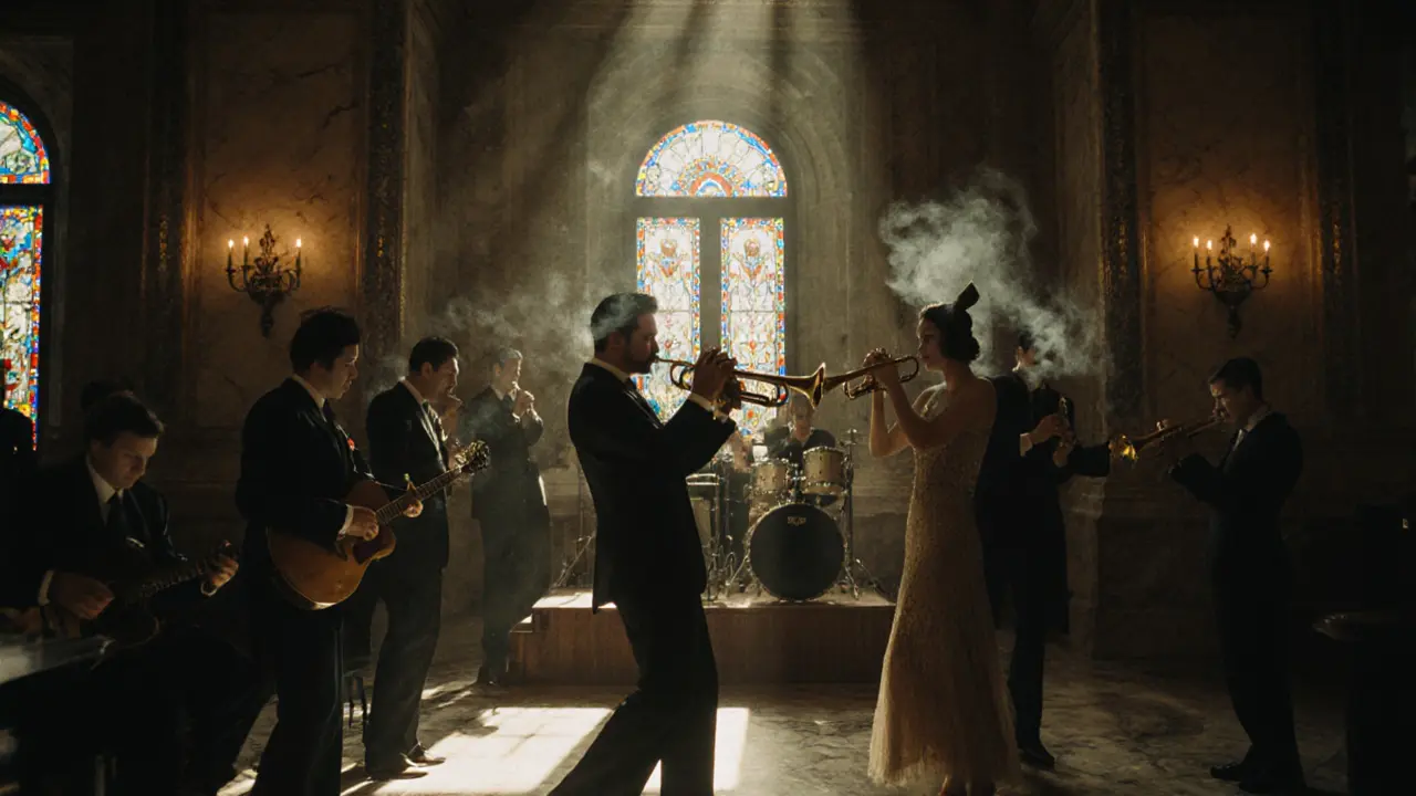 1920s jazz salon with musicians playing and bohemian guests dancing in candlelight