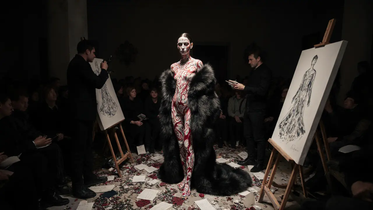 A body-painted performer removes a fur coat to reveal intricate art on her skin, surrounded by fashion scraps and live painters.
