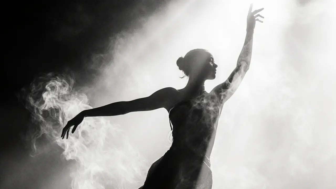 A dancer&#039;s silhouette illuminated by dramatic shadows at Le Crazy Horse, light and form creating an artistic masterpiece.