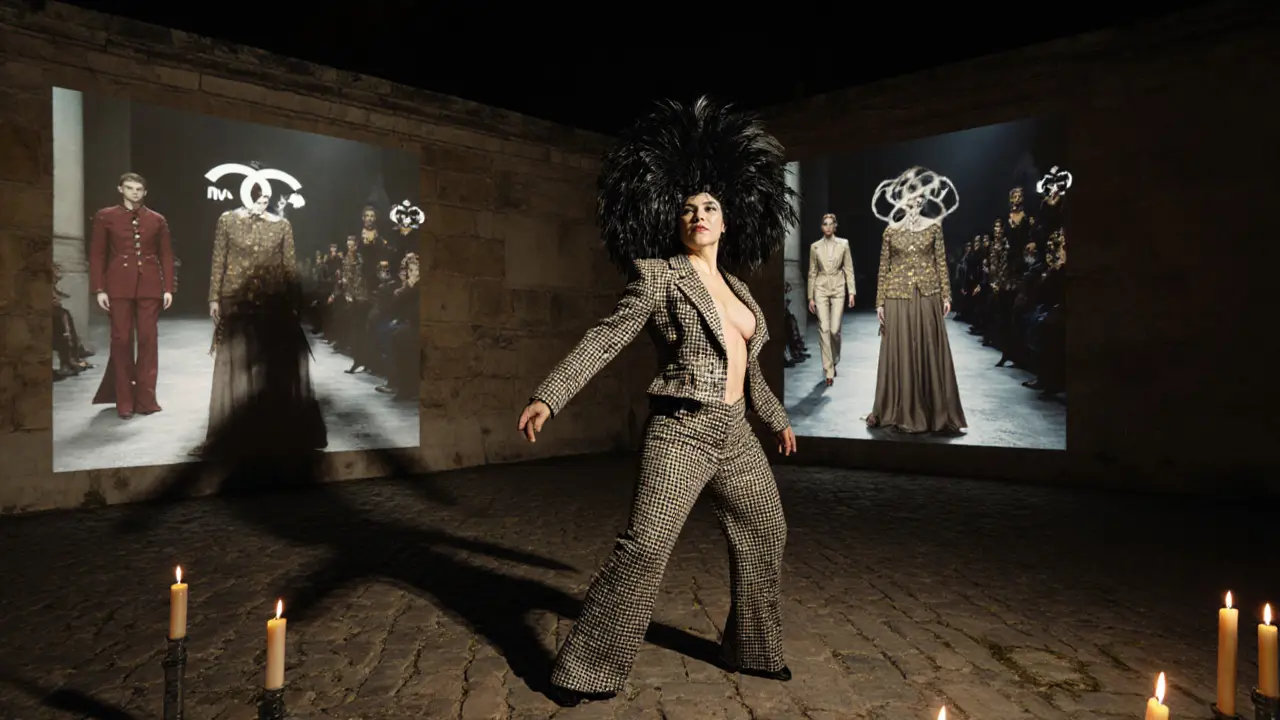 A drag queen in a feathered Chanel-inspired suit performs a satirical striptease in a hidden Parisian courtyard.