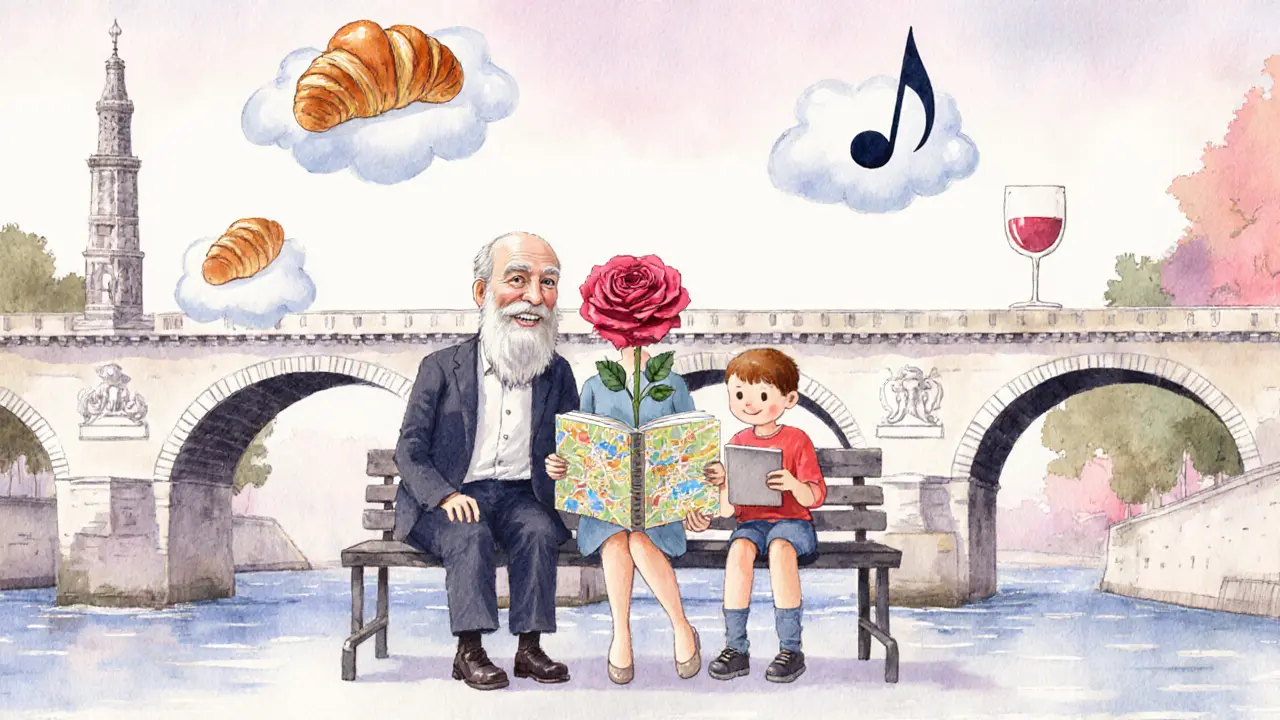 A dreamlike scene of Paris personified as gentle figures sitting together under a bridge, surrounded by floating food and music.