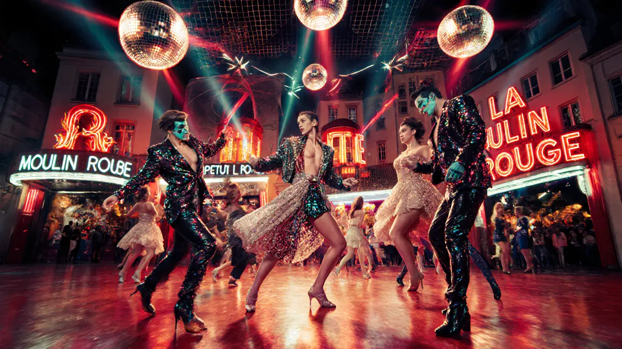 A glittering neon dance floor in Paris with people in colorful costumes under disco balls and laser lights.
