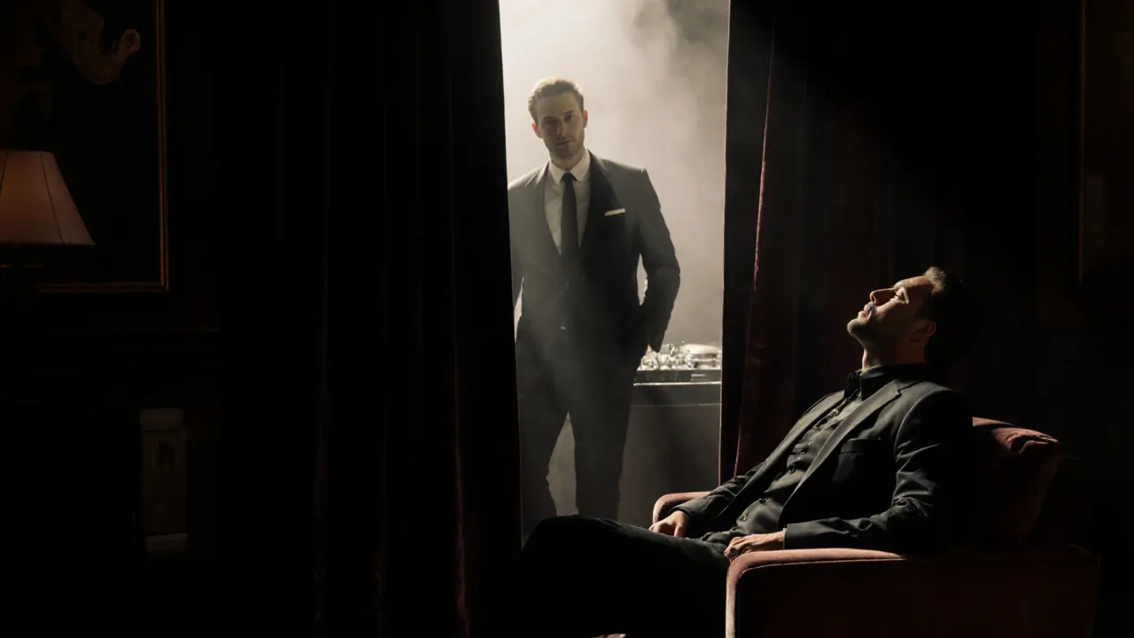 A host opens a velvet curtain to welcome a guest into Matignon’s intimate, smoky interior, where hidden music fills the quiet space.