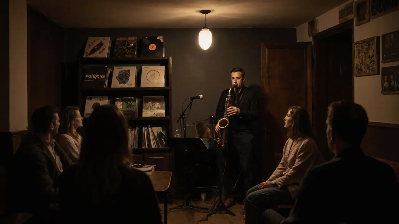 A jazz musician playing softly in a dimly lit lounge, guests relaxed and phones down, no noise or flash.