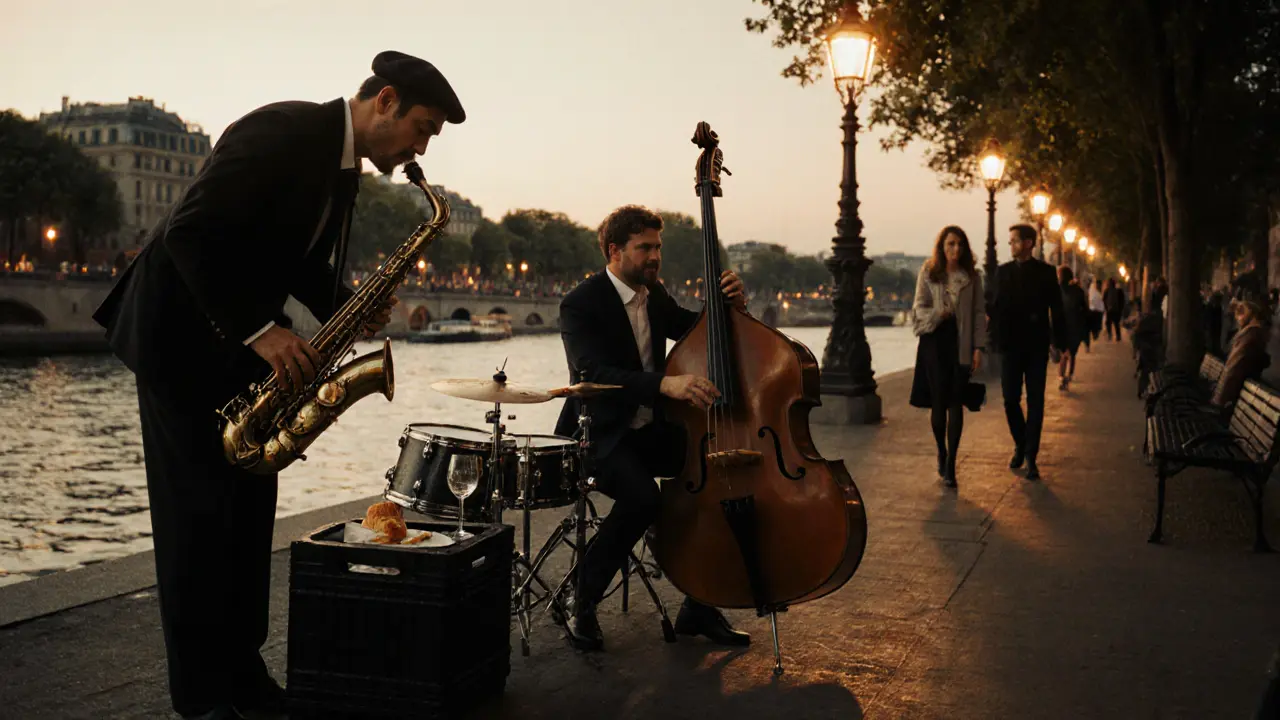 A jazz trio performs on a riverside quay at twilight, silhouettes of listeners paused in quiet awe.