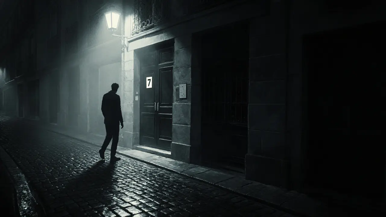 A lone figure approaching a black door with a white &#039;7&#039; in a foggy Paris alley at night.