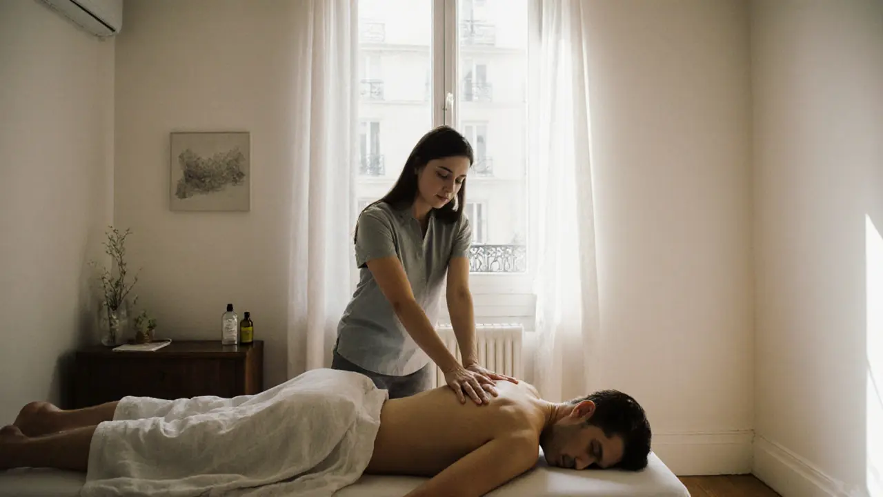 A modern Parisian massage studio with natural light, a therapist giving a Swedish massage to a relaxed traveler in casual clothes.