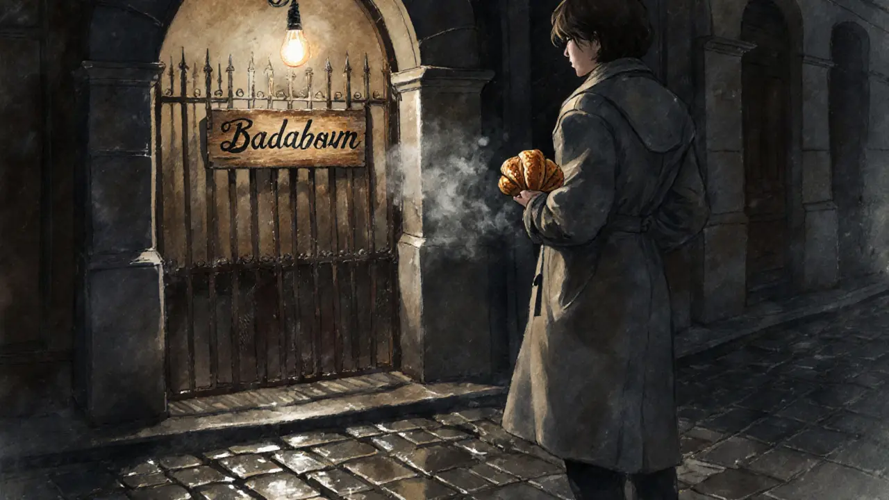 A rainy Paris alley at night with a hidden entrance marked by a small wooden sign reading 'Badaboum' and a person holding a croissant outside.