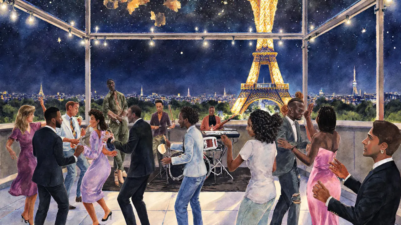 A rooftop dance party in Paris under the stars with the Eiffel Tower in the distance.