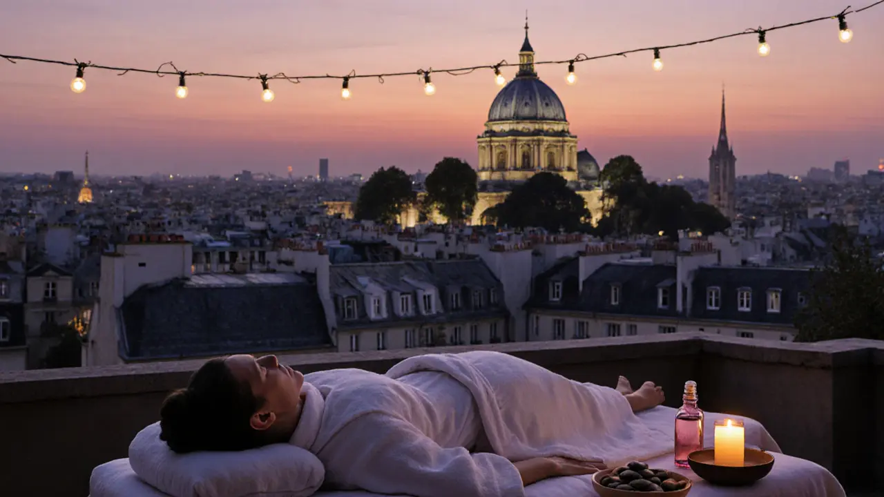 A rooftop massage in Montmartre at dusk with Sacré-Cœur in the background, string lights, and a person relaxing under the evening sky.