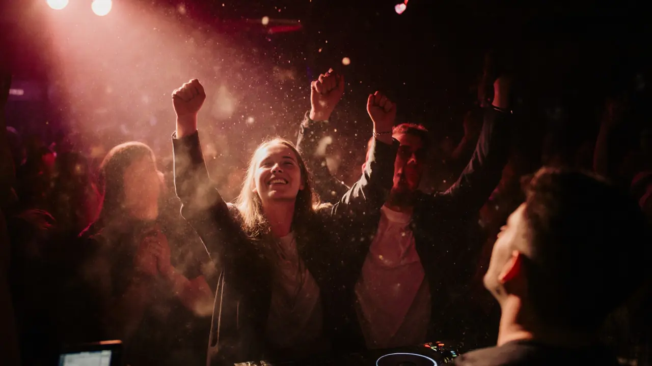 A silent, emotional moment at 3 AM in T7 Paris, the crowd frozen as the music drops, bathed in crimson light.