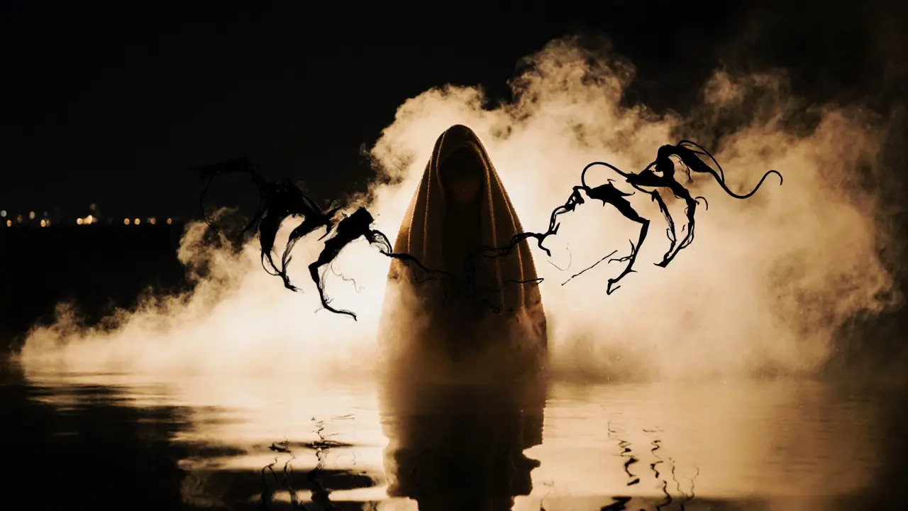 A silhouette emerging from shadow into light, with tension dissolving into smoke, reflecting inner peace and the ocean.