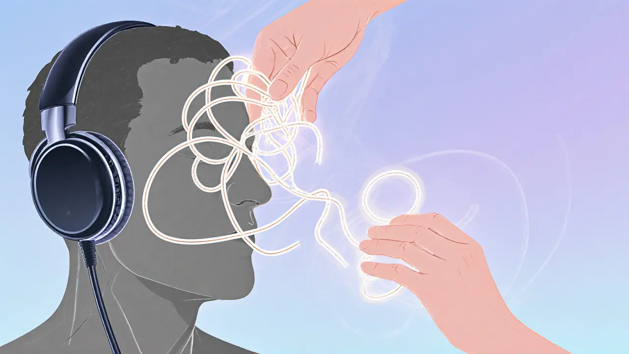 A tangled headphone cord transforming into a human body, with hands gently unraveling knots representing muscle tension.