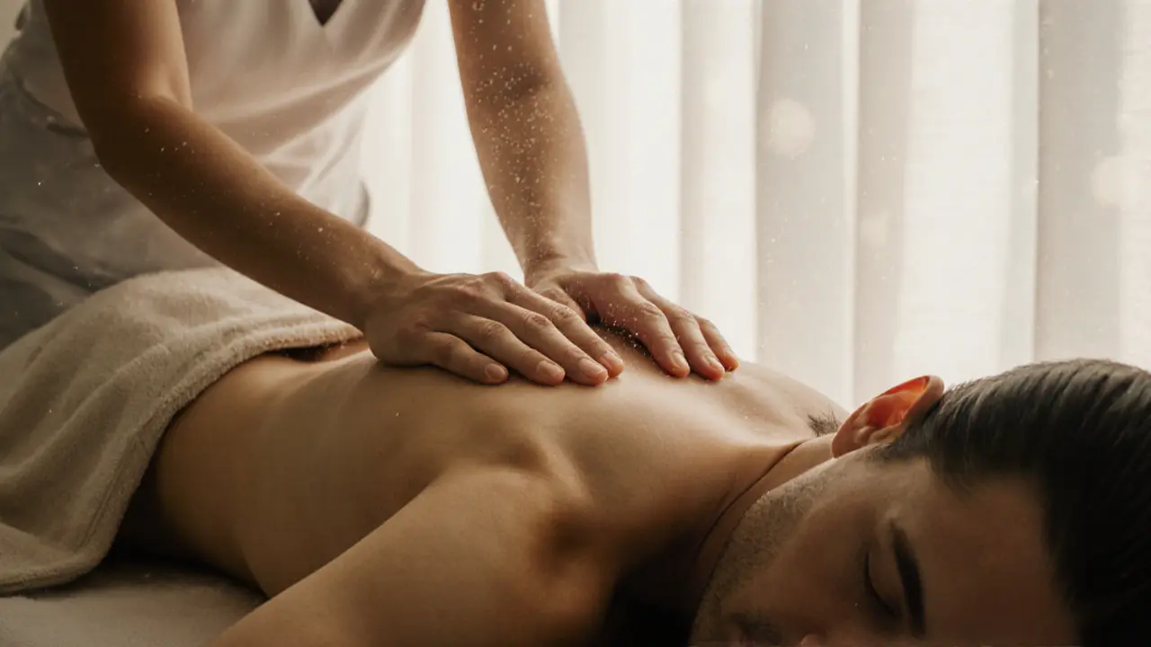 A therapist&#039;s hands gently working on a client&#039;s back, with the client&#039;s face relaxed and eyes closed in calm.