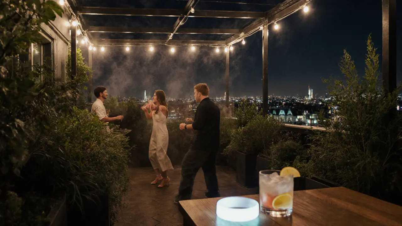 A tranquil outdoor terrace at dawn with plants, mist, and soft lights as people dance gently under Paris’s city skyline.