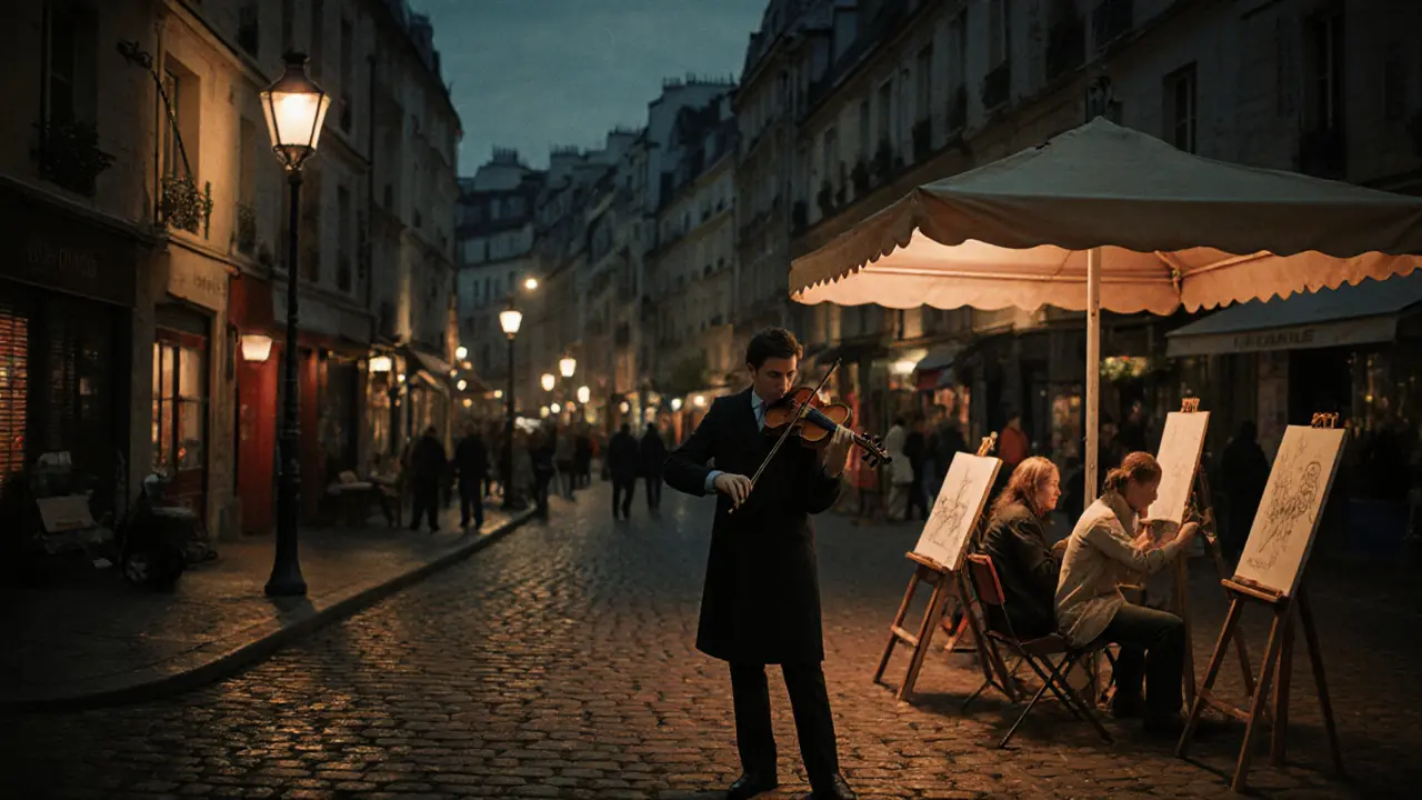 A violinist playing under lantern light in Montmartre, surrounded by soft bokeh and cobblestone streets at night.