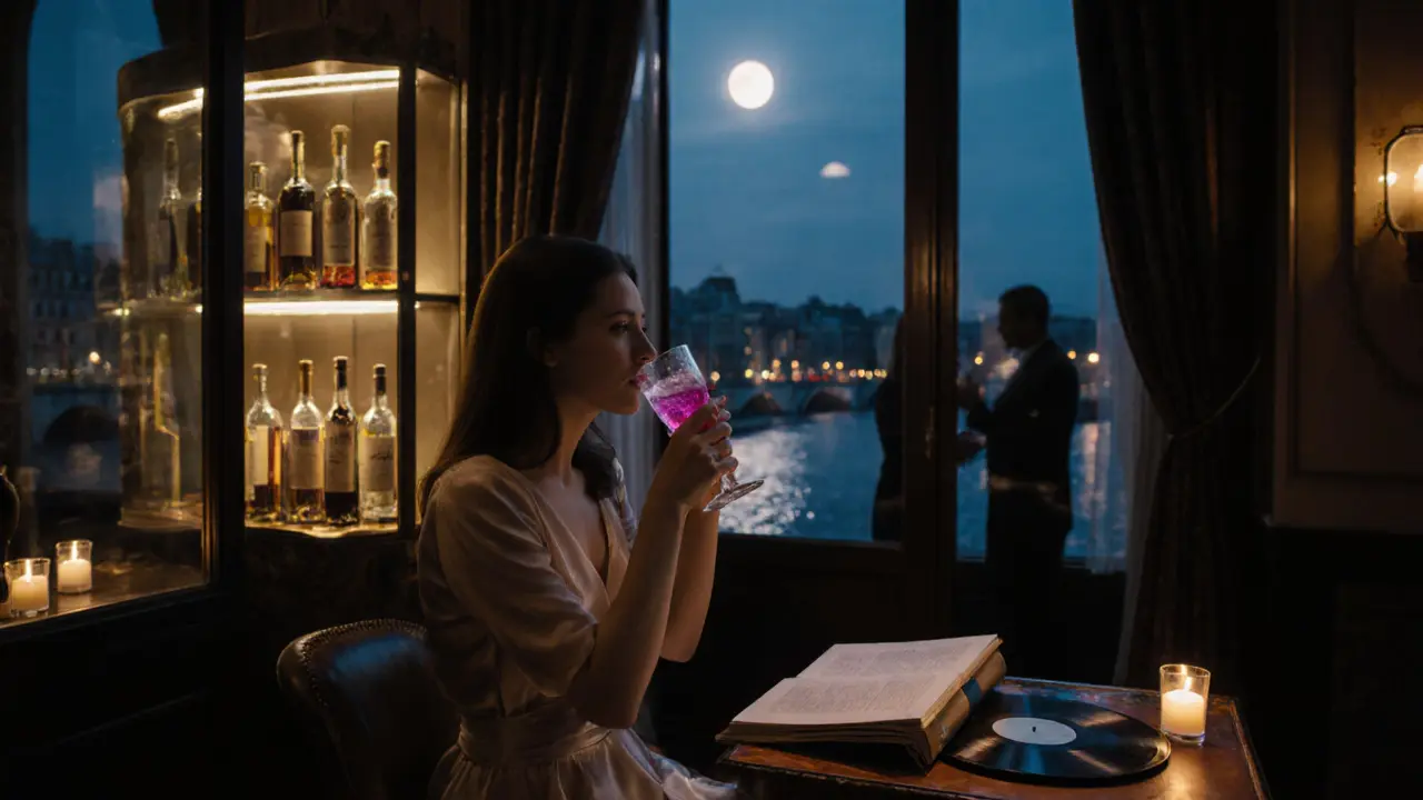 A woman by a window sipping a violet-tinged cocktail as moonlight reflects off the Seine, surrounded by rare wines and vintage records.
