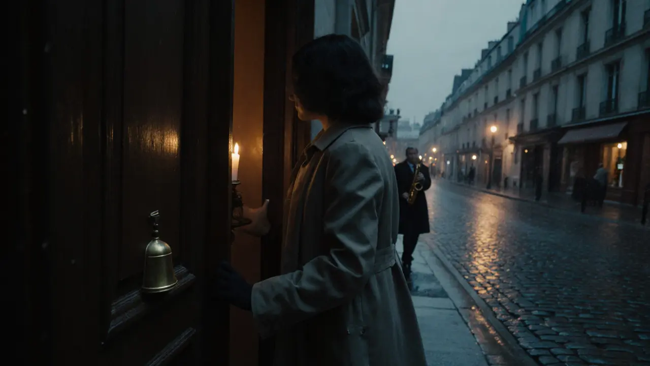 A woman entering a discreet massage studio at dusk, a brass bell and candle glow visible.