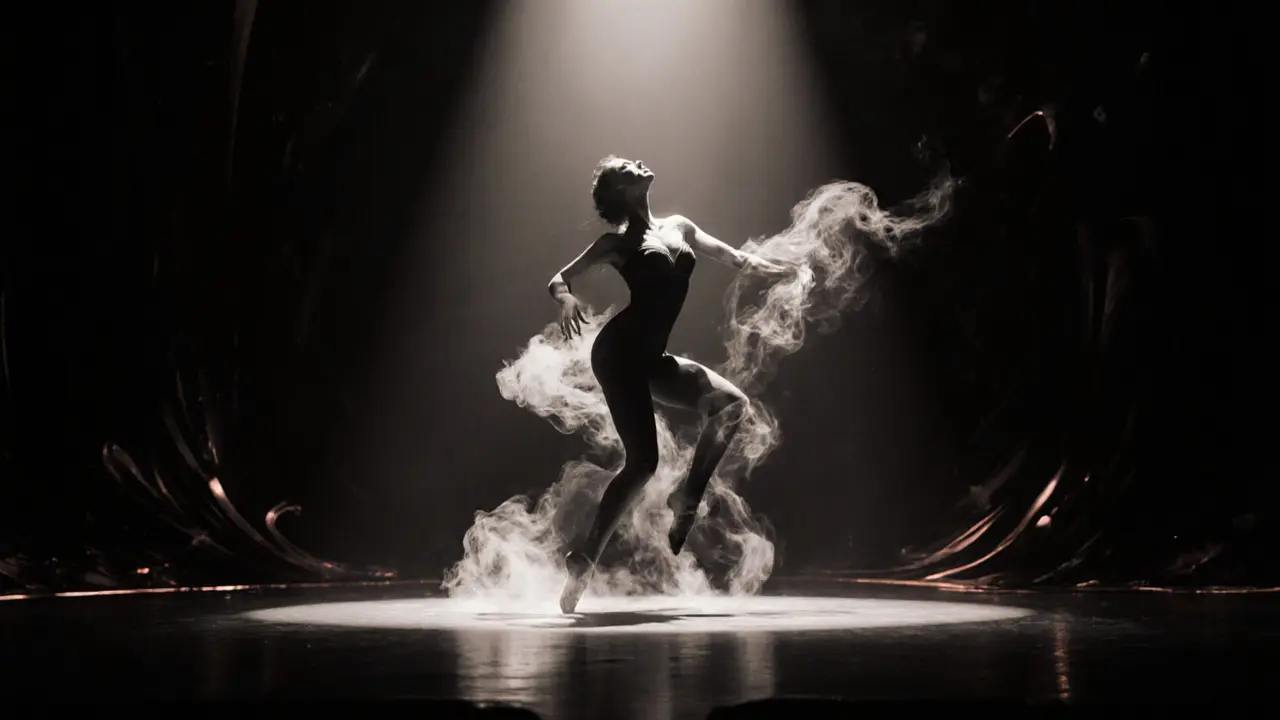 Abstract silhouettes illuminated from below at Le Crazy Horse, shadows forming elegant curves in dim, smoky light.