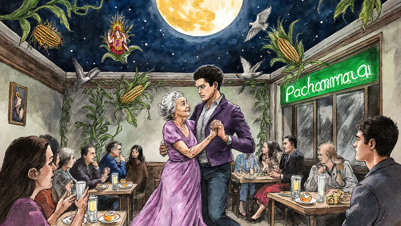 An elderly French woman dancing with a young Colombian man under a full moon painted on the ceiling.