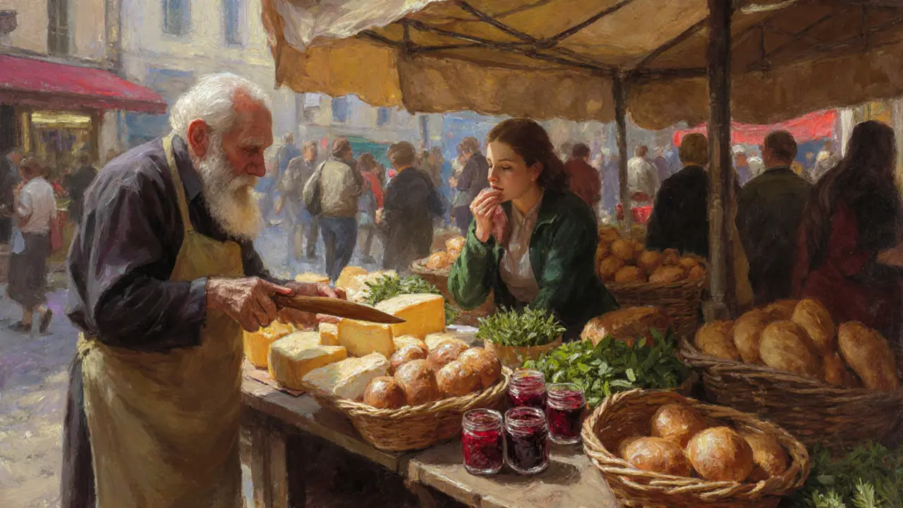 An elderly vendor cuts cheese at a local Paris market, with fresh bread and fruit on wooden tables.