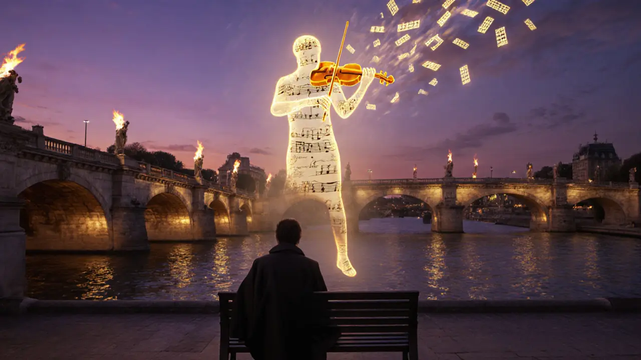 An ethereal violinist made of light and mist hovers above a bridge, musical notes drifting like smoke over the river.