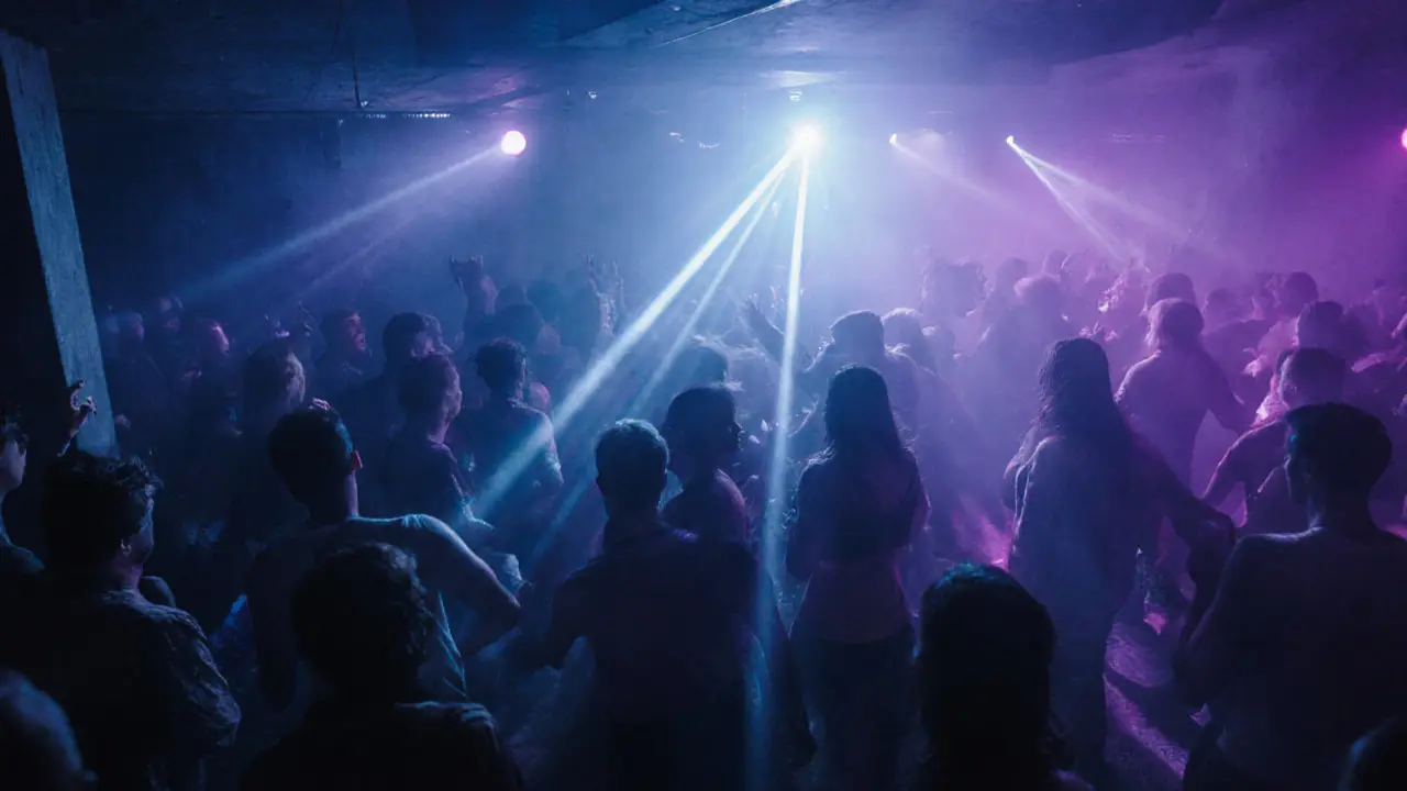 An industrial techno club in Paris with strobe lights and a crowd dancing to pulsing beats in a fog-filled room.