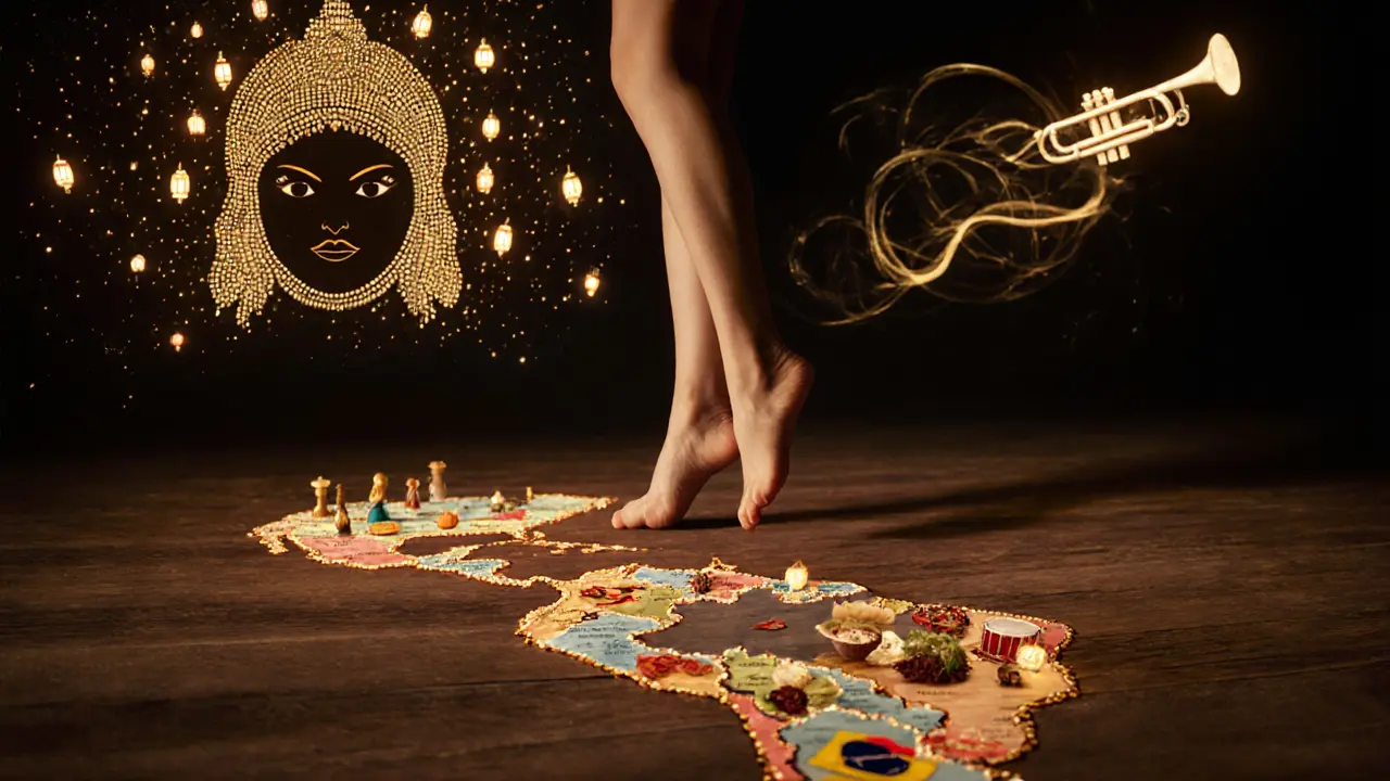 Bare feet dancing on a wooden floor that becomes a map of Latin America, with culinary and musical symbols glowing around them.