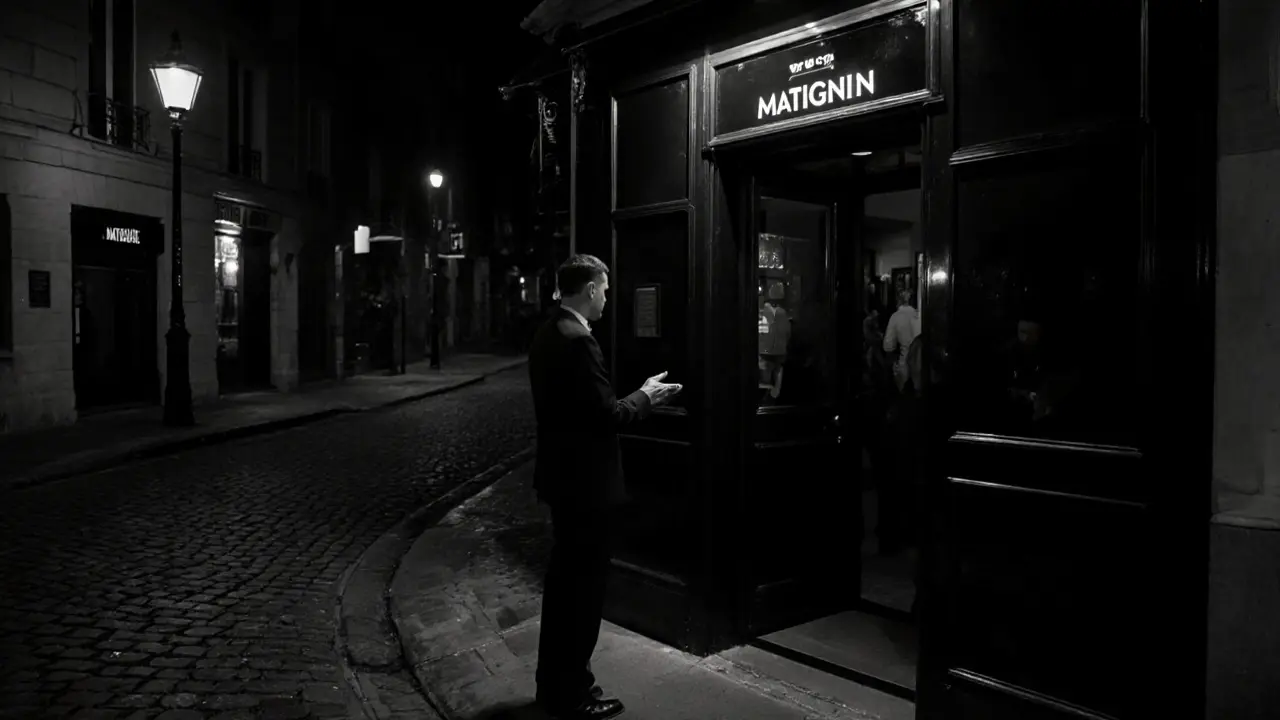 Black doors of Matignon Paris at night with a bouncer silently admitting a guest, no signs or crowds.
