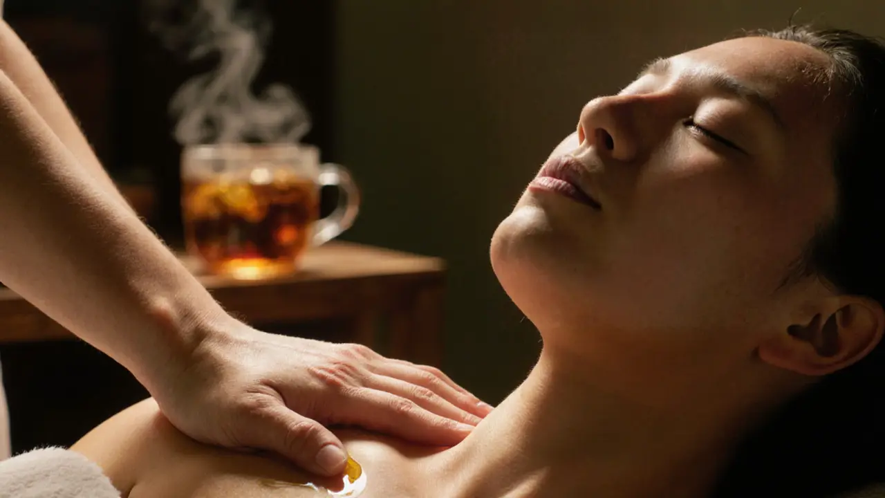 Close-up of hands massaging tense shoulder muscles with oil sheen, warm ambient tones, peaceful expression.