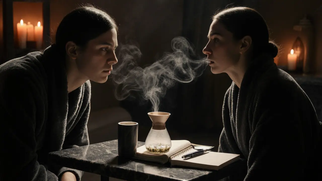 Couples receiving side-by-side massage in a dim, serene spa room, steam rising softly as they relax together.