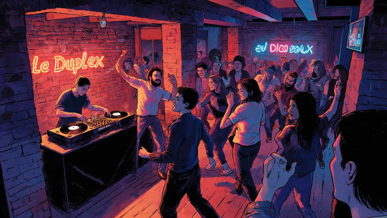 Crowd dancing in a dim, industrial nightclub with exposed brick walls and flickering neon lighting.