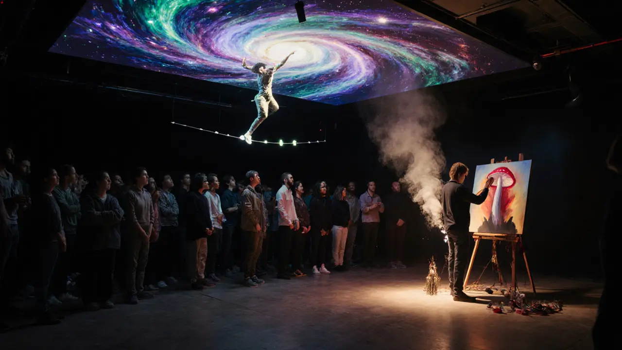 Crowd immersed in live projection mapping and real-time painting inside Badaboum, dancer suspended in light.