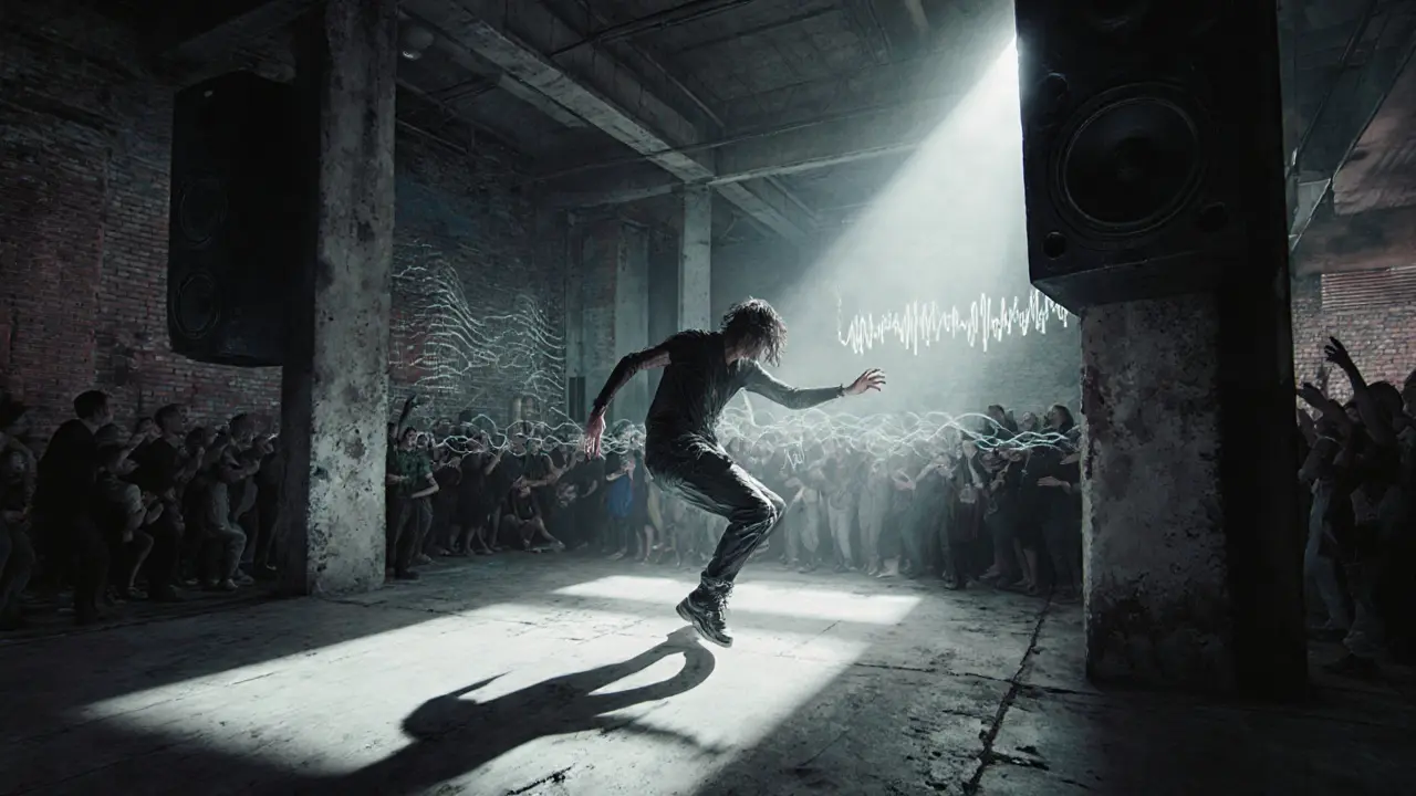 Crowd lost in music at a raw industrial techno club with concrete walls.