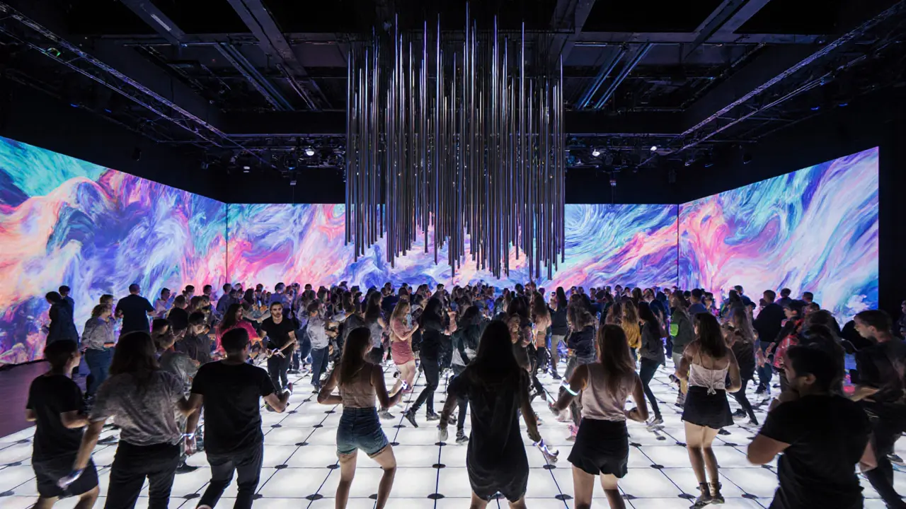 Dancers move on a glowing floor inside a high-tech club, surrounded by responsive LED walls and kinetic sculptures.