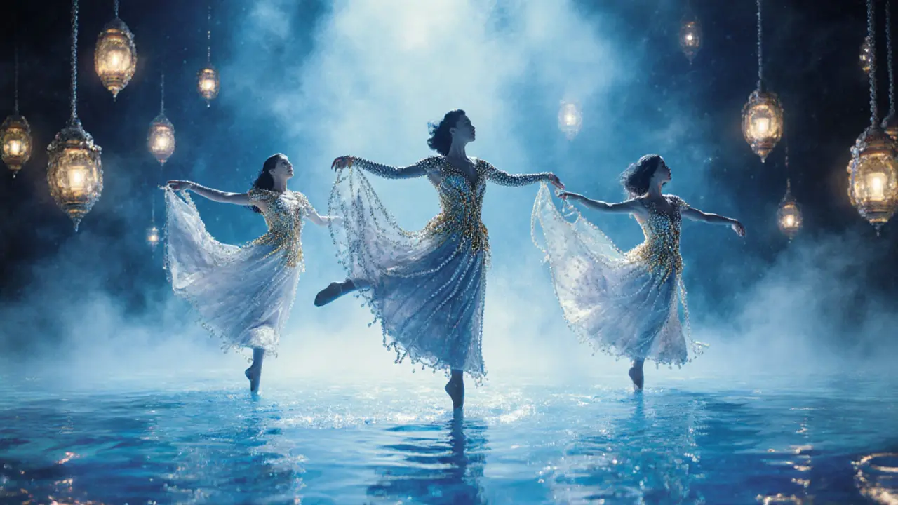 Dancers performing on a water stage at Lido de Paris, costumes sparkling, mist and lanterns creating a dreamy atmosphere.