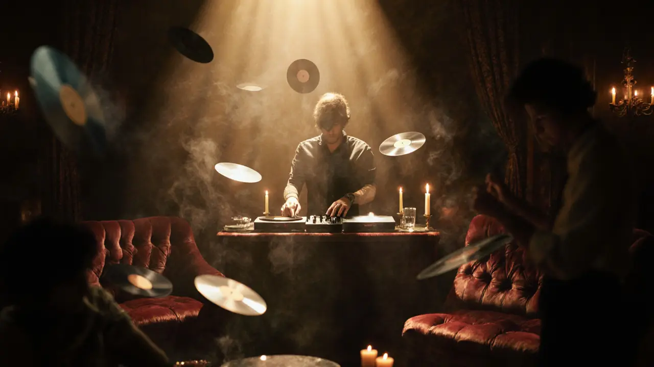 Dim lounge with velvet furniture and floating vinyl records in candlelight.