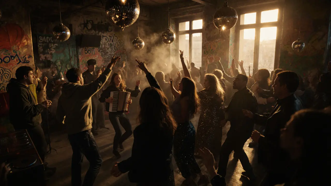 Diverse crowd dancing wildly in a historic hall with live music and disco lights.