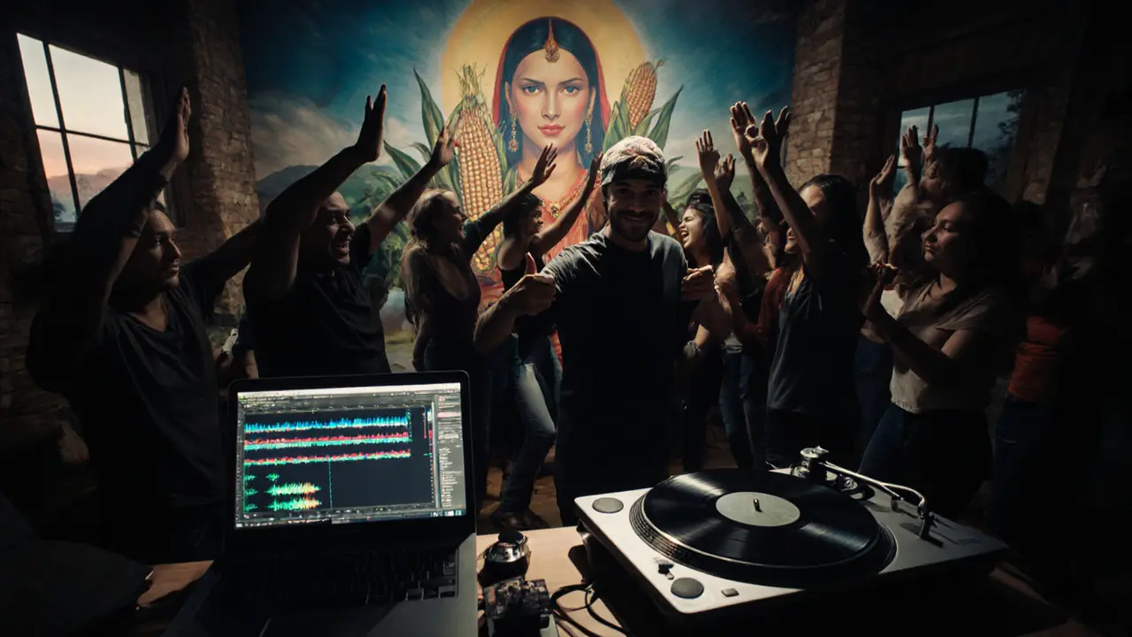 DJ playing vinyl and laptop side by side amid dancing crowd, mural of earth mother in background, sunset light through windows.