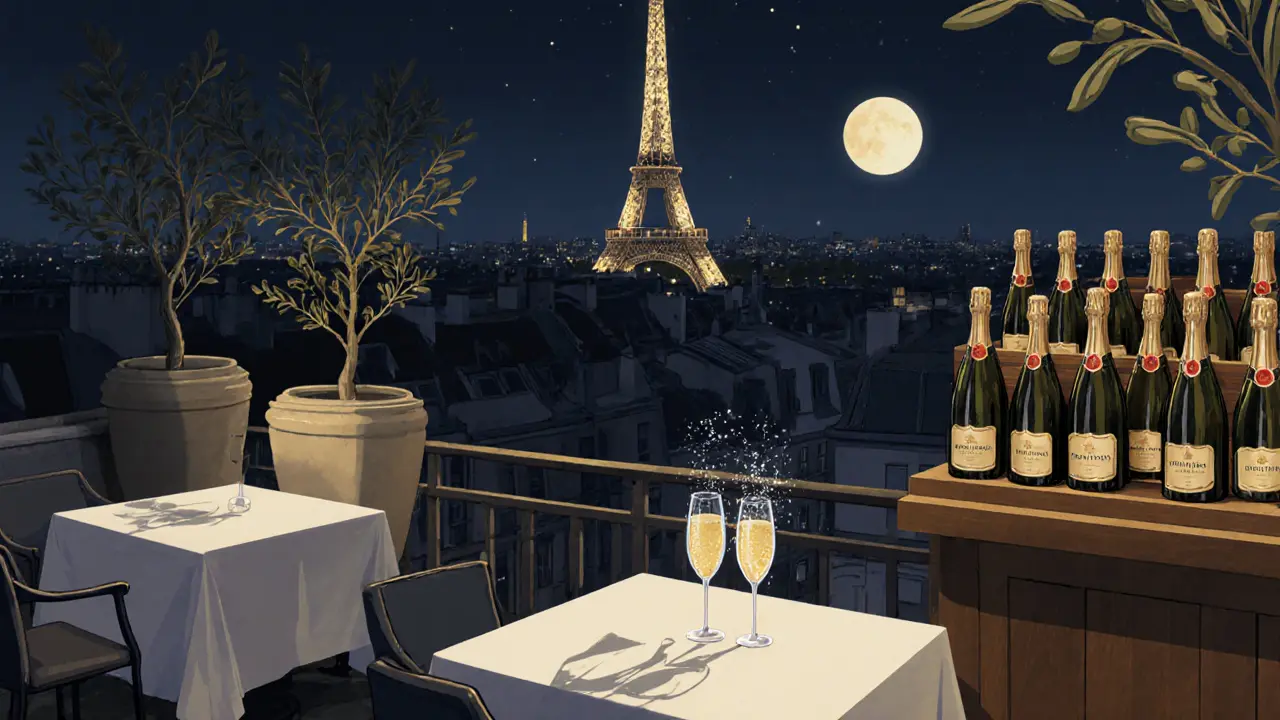 Elegant champagne bar on a Paris rooftop with Eiffel Tower sparkling in the background.
