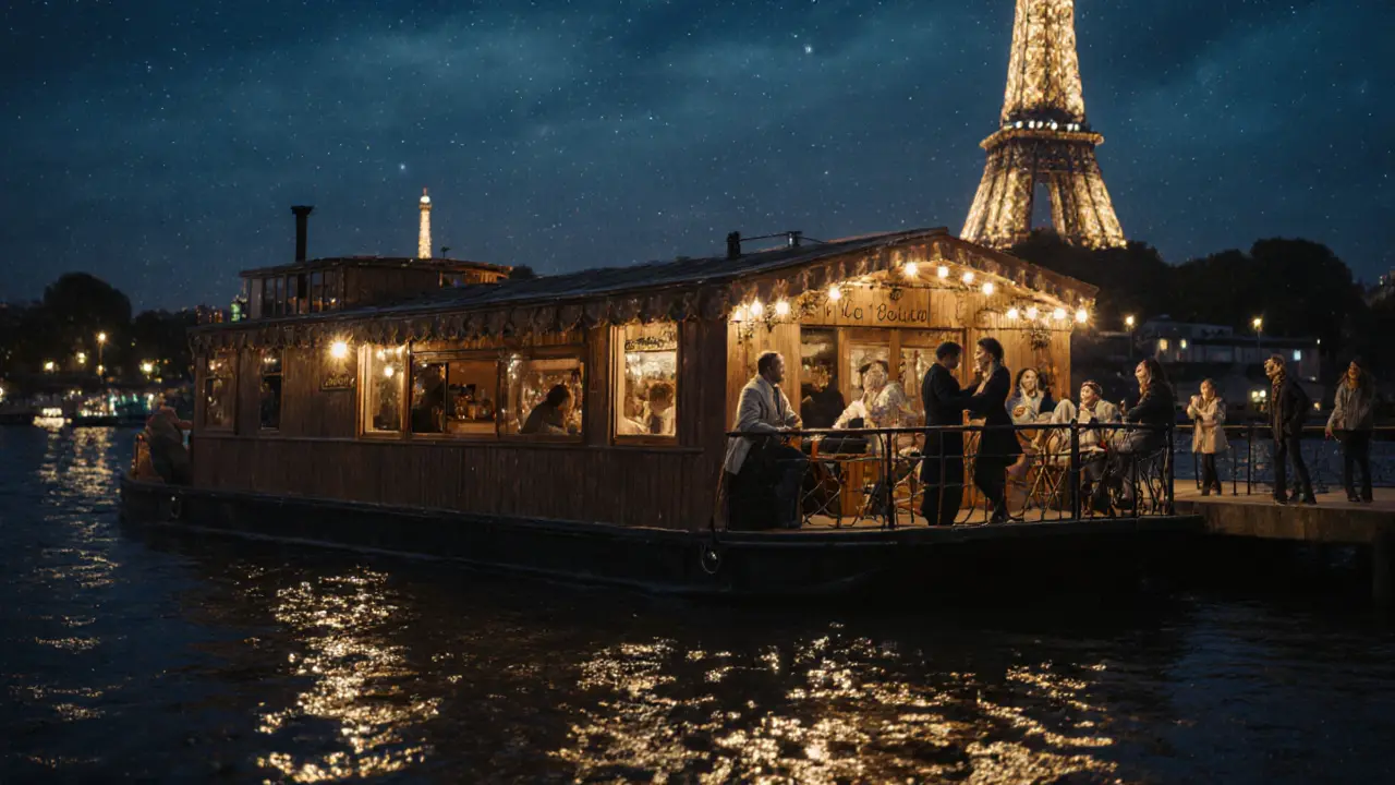 Floating club on the Seine River at night, Eiffel Tower glowing in background, people dancing under stars.