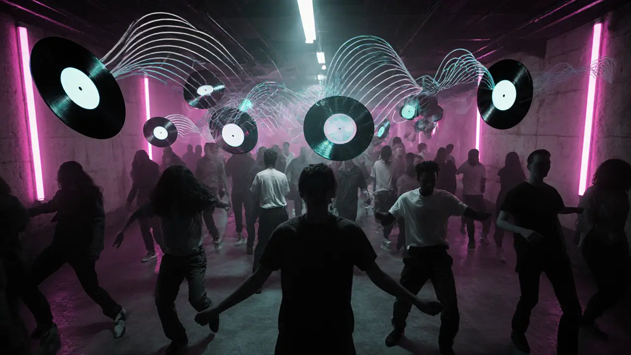 Floating vinyl records in a dark club, emitting sound waves as abstract shapes.