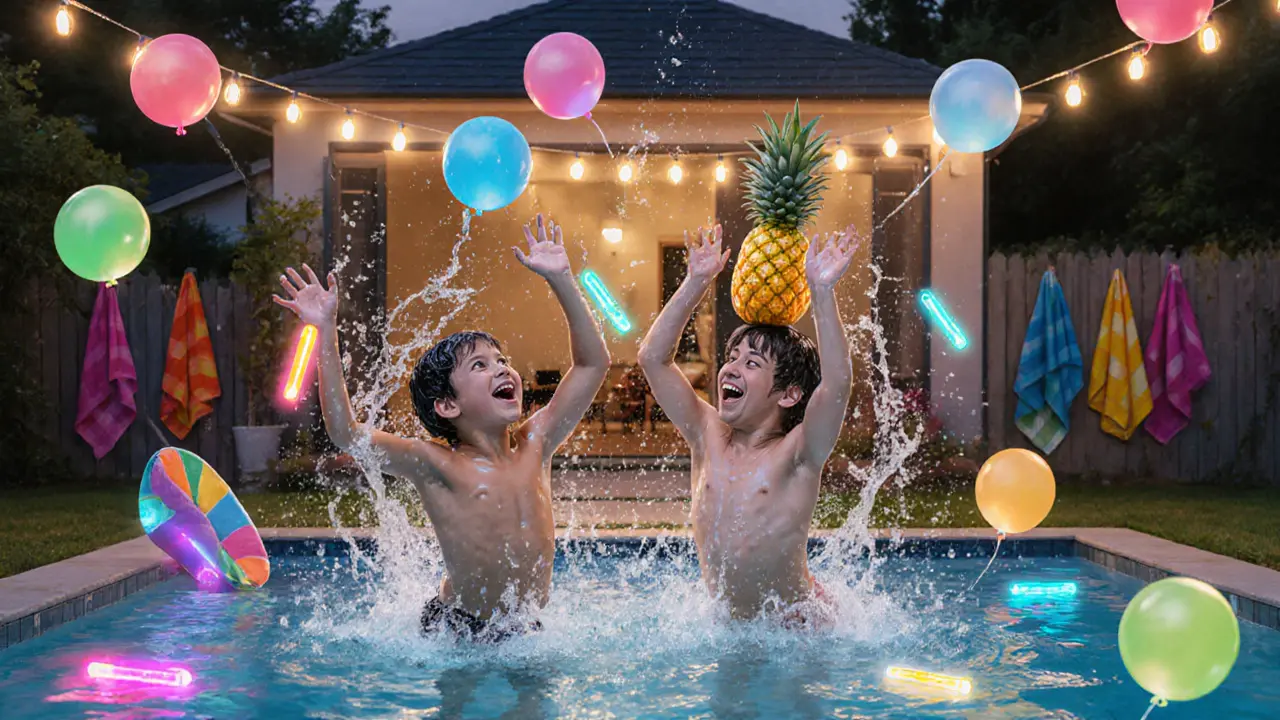 Friends tossing water balloons in mid-air, laughing, with glow sticks and colorful towels around the pool.